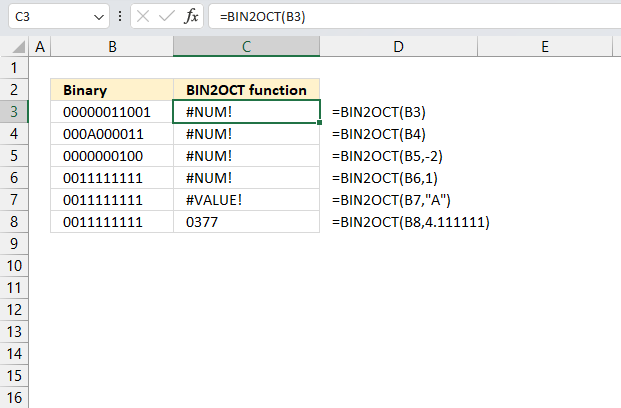 BIN2OCT function errors