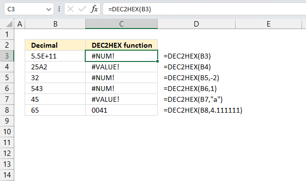 DEC2HEX function errors