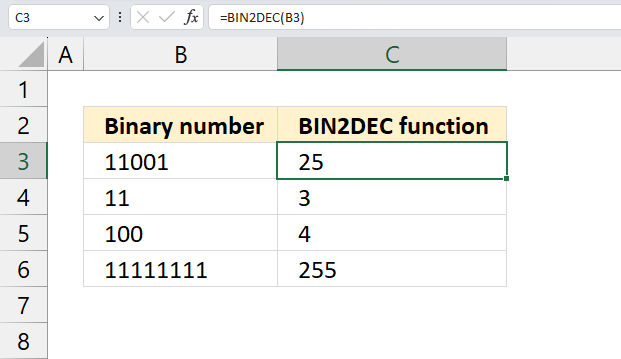 How to use the BIN2DEC function 1