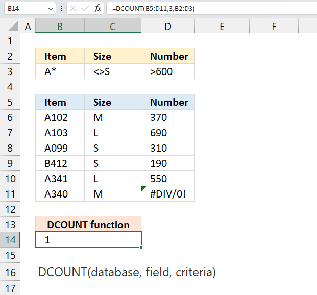 How to use the DCOUNT function example 3