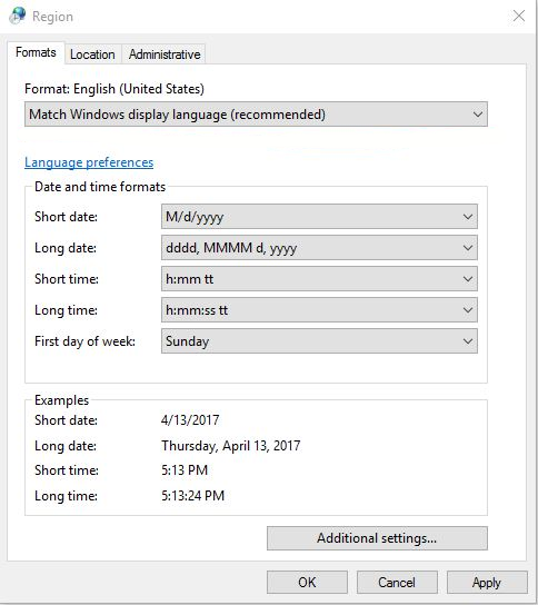 win 10 national settings