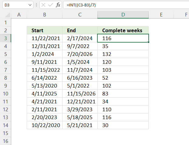 Complete weeks between two given dates