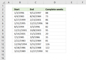 How to calculate the number of weeks between dates