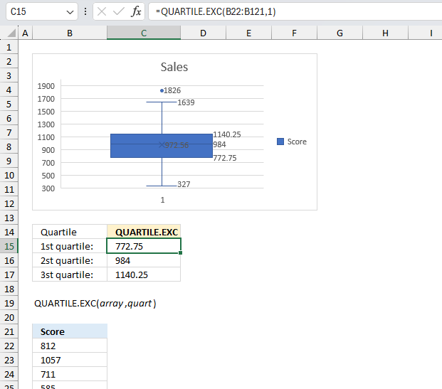 How to use the QUARTLE EXC function ex2