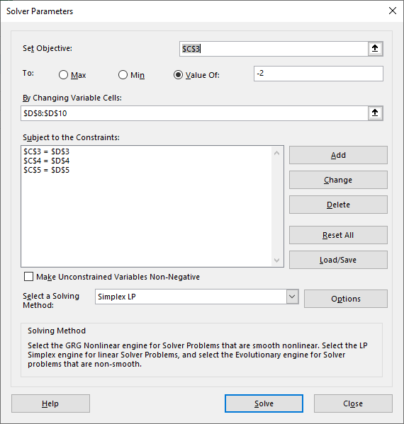 Solve linear equations Solver Parameters