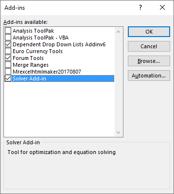 Solve linear equations options add in solvere