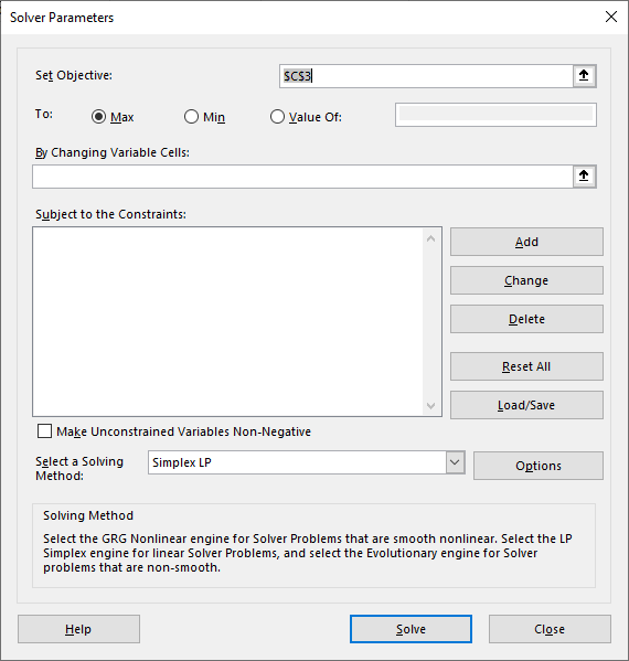 Solve linear equations solver settings