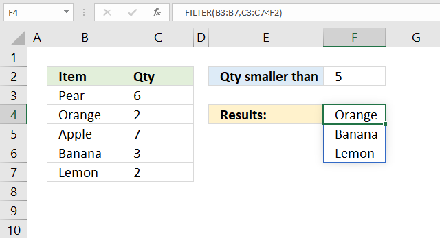 Filter function one condition smaller than