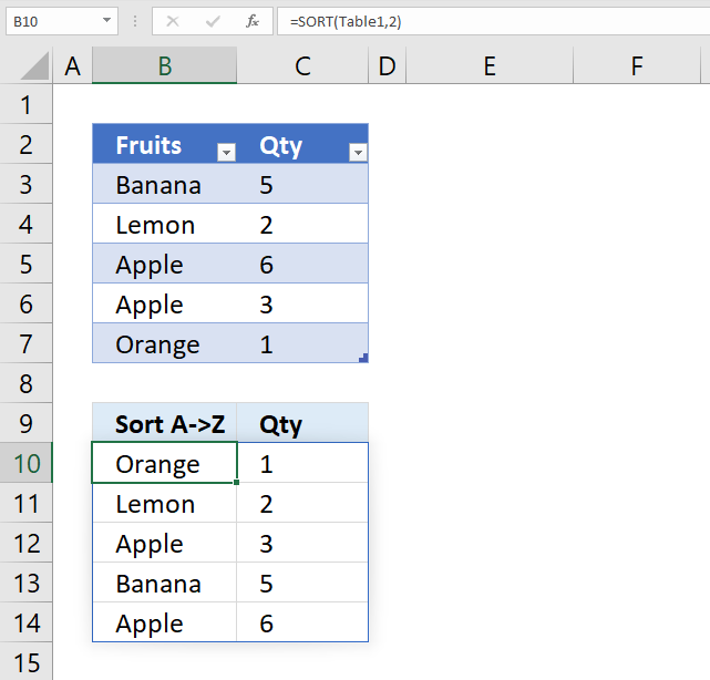 sort function Excel Table 1