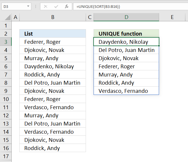 unique distinct values sort