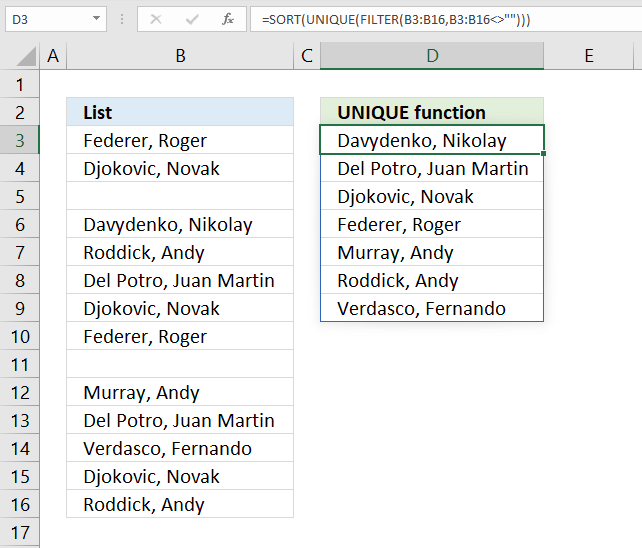 unique distinct values sorted and blanks