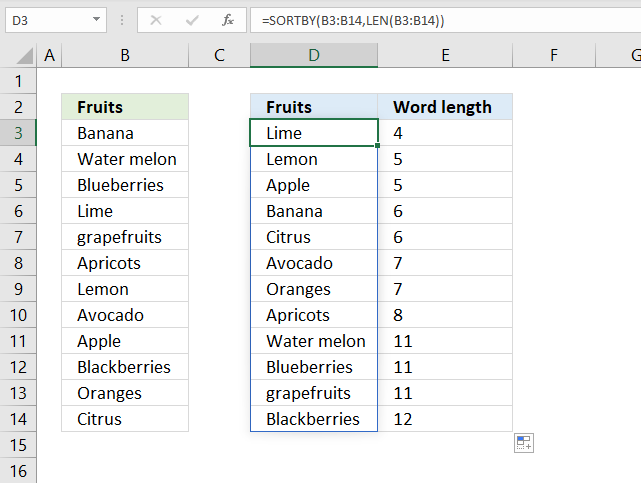 sortby function word length