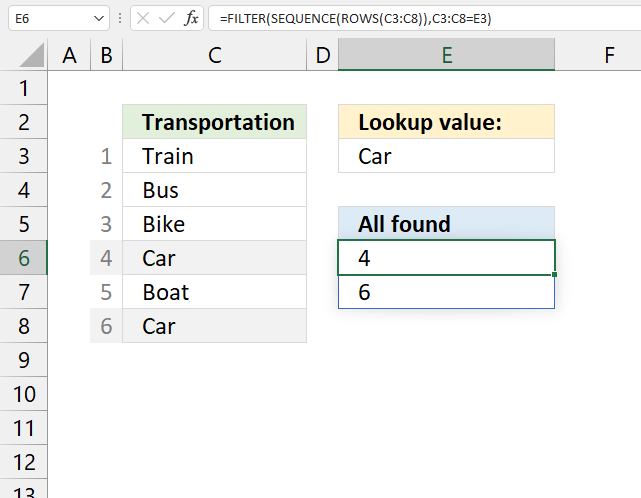 How to use the XMATCH function return all instances