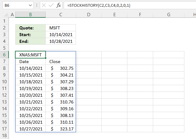 How to use the STOCKHISTORY function closing