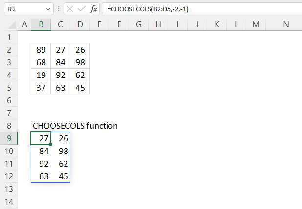 CHOOSECOLS function negative values