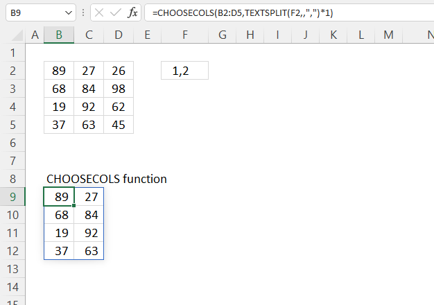 CHOOSECOLS function text to array