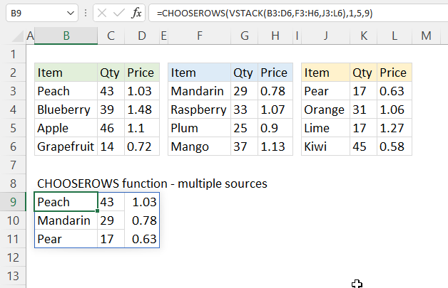 CHOOSEROWS function from multiple sources