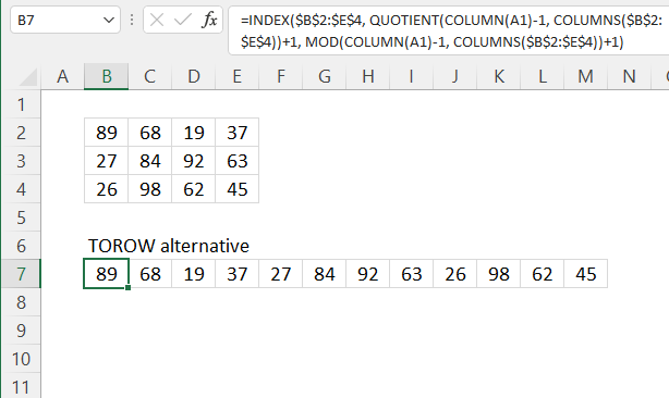 TOROW function alternative formula