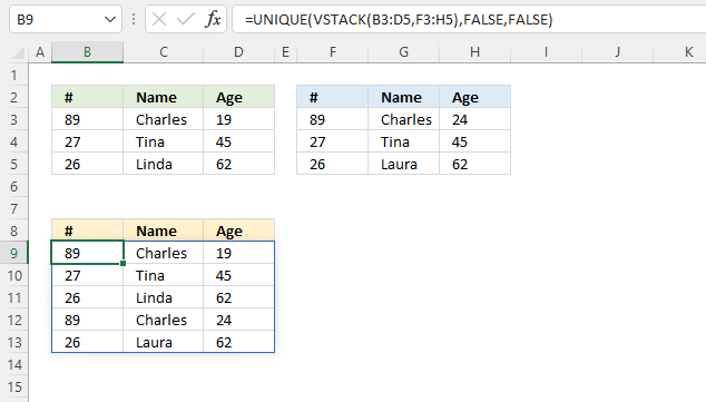 VSTACK function unique distinct rows