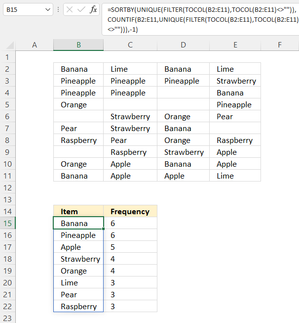 Extract a unique distinct list across multiple columns and rows sorted based on frequency 1