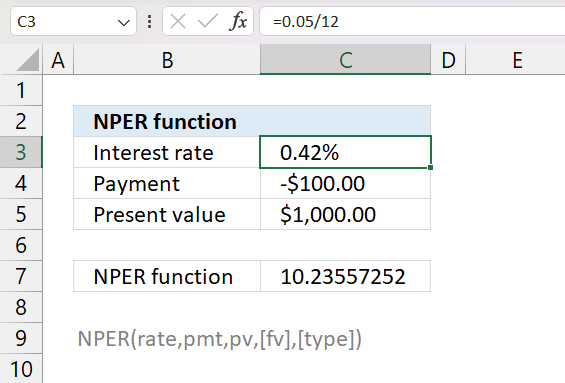 NPER function example monthly payment period