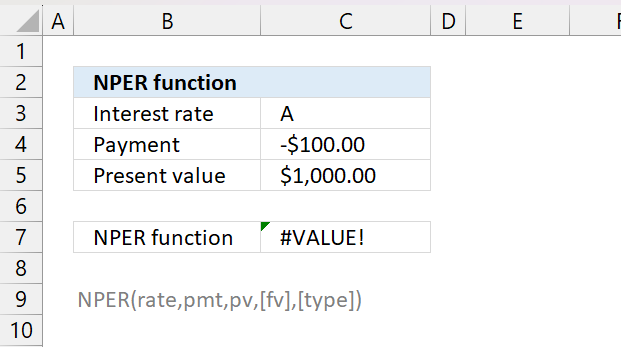 NPER function not working value error