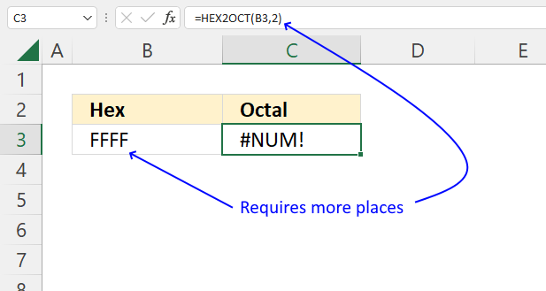 How to use the HEX2OCT function num error if it requires more places