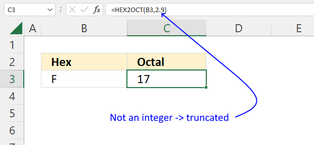 How to use the HEX2OCT function truncated if not an integer