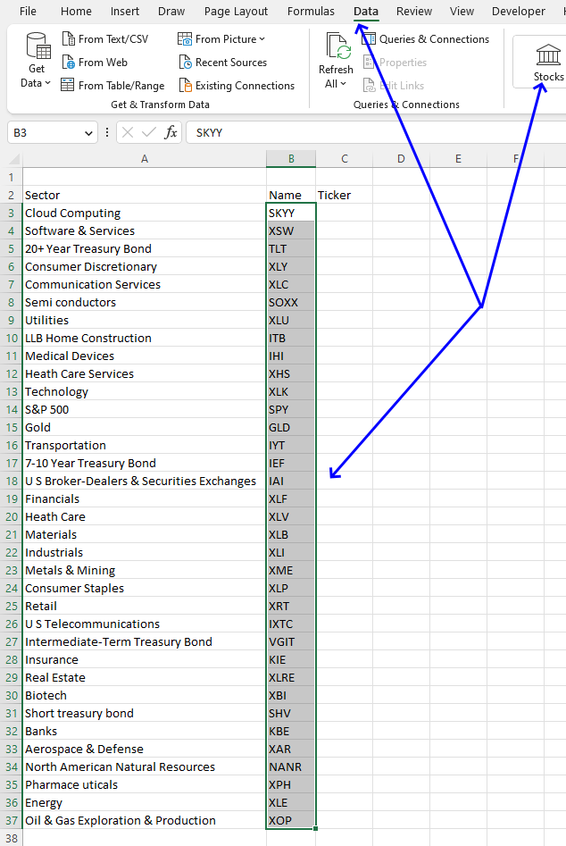 Add sectors names and tickers to the worksheet1