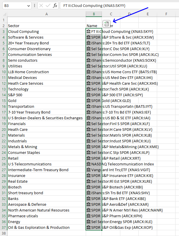 Add sectors names and tickers to the worksheet3